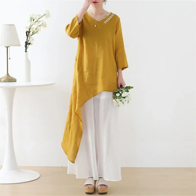 

Chinese Traditional Women's Blouse Retro Shirt Cotton Solid Color Irregular Hem Tops Plus Size Seve Sleeve Casual Loose Costumes