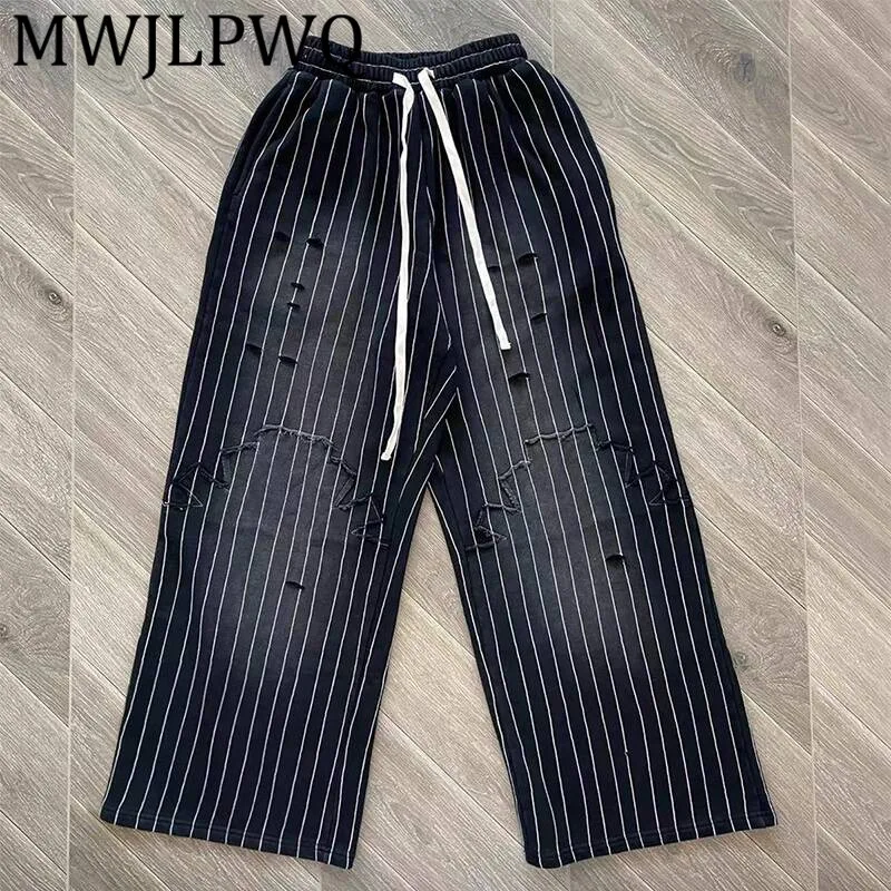

MWJLPWQ мужские спортивные штаны с рваным дизайном, уличные осенние персонализированные модные новые повседневные брюки в вертикальную полоску 12367
