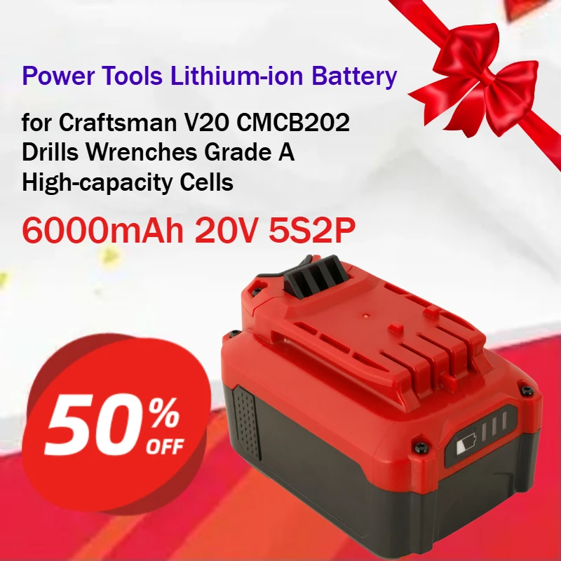 20V 6000mAh 5S2P Power Tools Lithium-ion Battery for Craftsman V20 CMCB202 Drills Wrenches Grade A High-capacity Cells