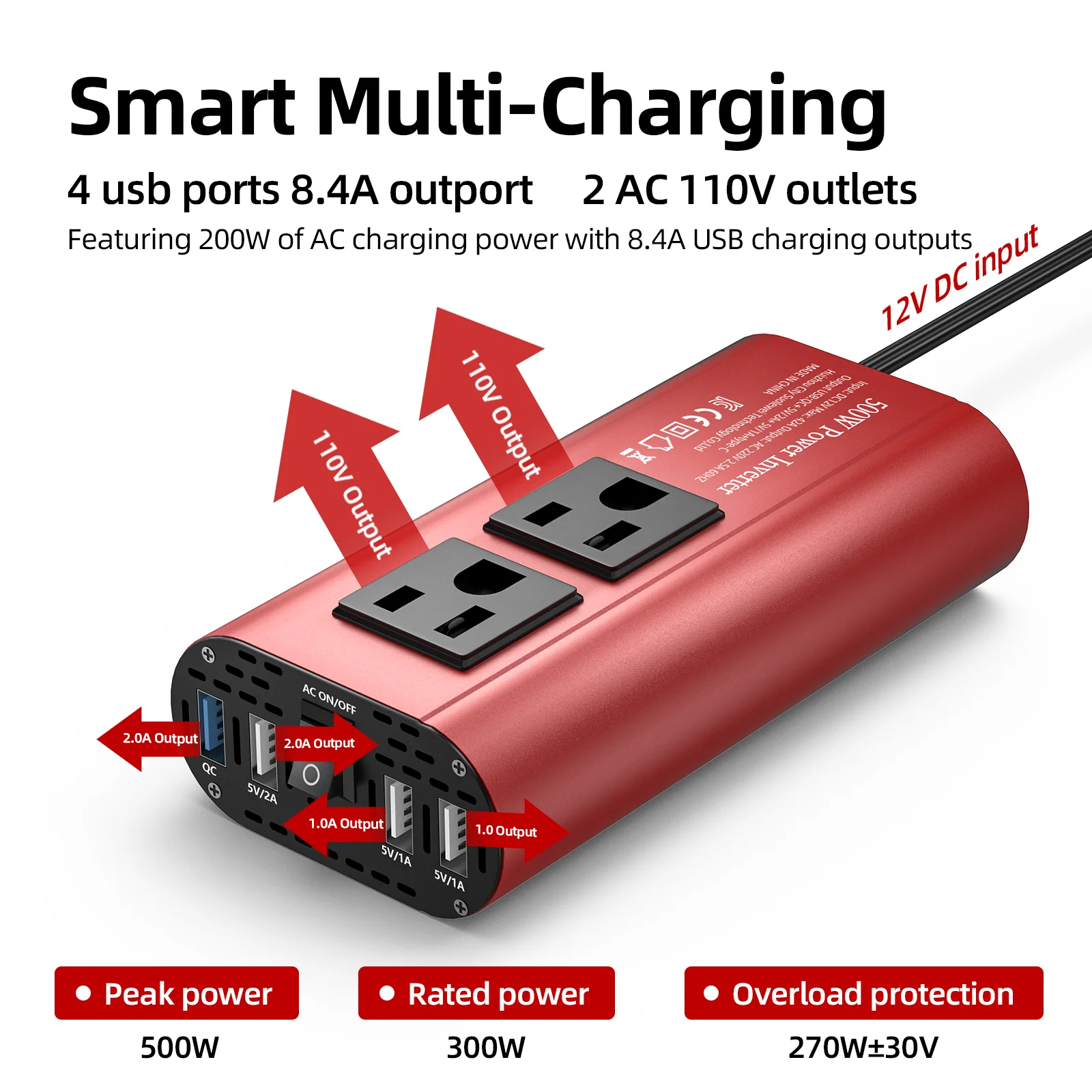 Convertitore a onde modificate da 500 W con presa USA e 4 USB, convertitore portatile per autoveicoli e domestici da DC12V a AC 110 V 60 HZ