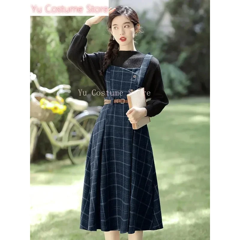 

CyAutumn Winter Plaid Dress Women Spaghetti Strap Woolen Long Dresses With Belt Vintage Party Elegant Vestidos 2025 Yu Costume