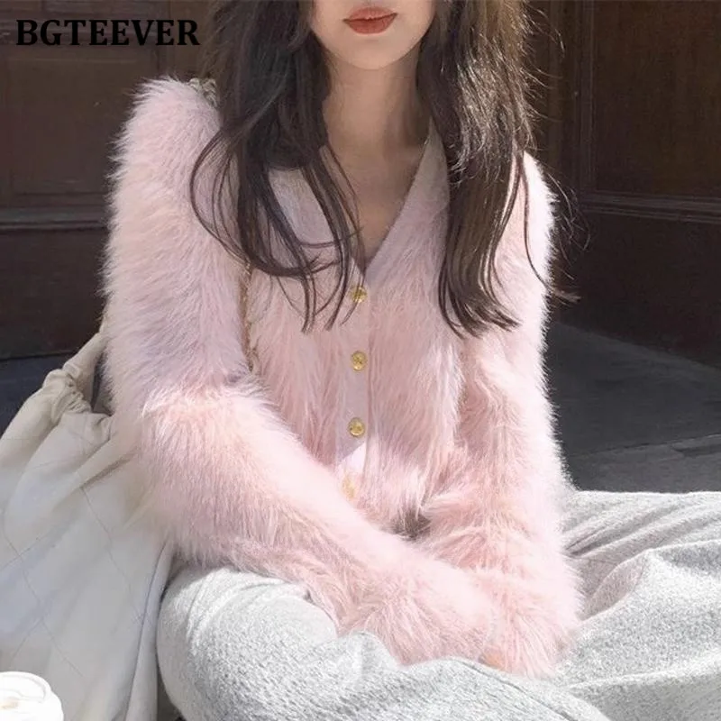 BGTEEVER Casual Soft Warm Female Open Stitch Sweaters Autumn Winter Thick Loose V-neck Knitted Cardigans Women