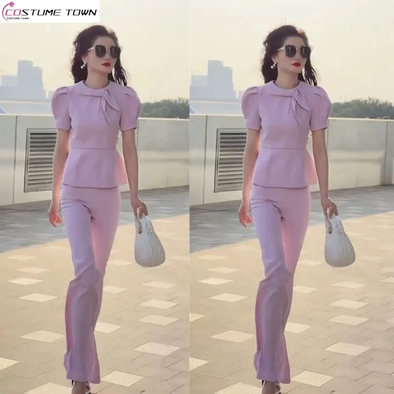 

High end fashion socialite style women's suit new bubble sleeve slim fit top+high waisted flared pants set trendy