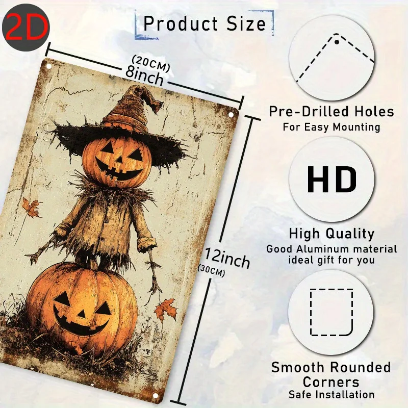 Vintage Halloween Pumpkin Scarecrow Metal Wall Decor - 8x12 Inch Rustic Farmhouse Tinplate Art Sign with Jack-O'-Lanterns