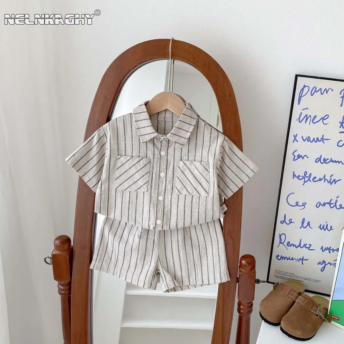 Children Korean Style Retro Striped Short Sleeve Shirt+Shorts Set for Toddler Boys Girls Baby Summer Thin Casual Fashion Outfit