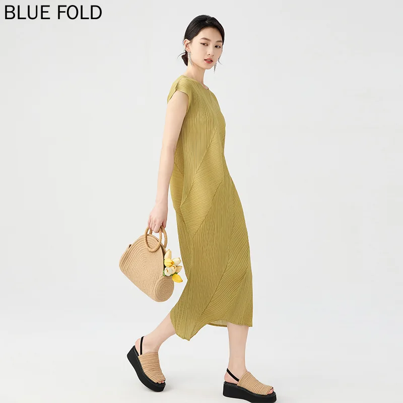 Miyake Hot Selling Pleated Dress Irregular Casual Solid Color Slim Round Neck Short Sleeve Folded Mid-length Dress PLEATS Vestid