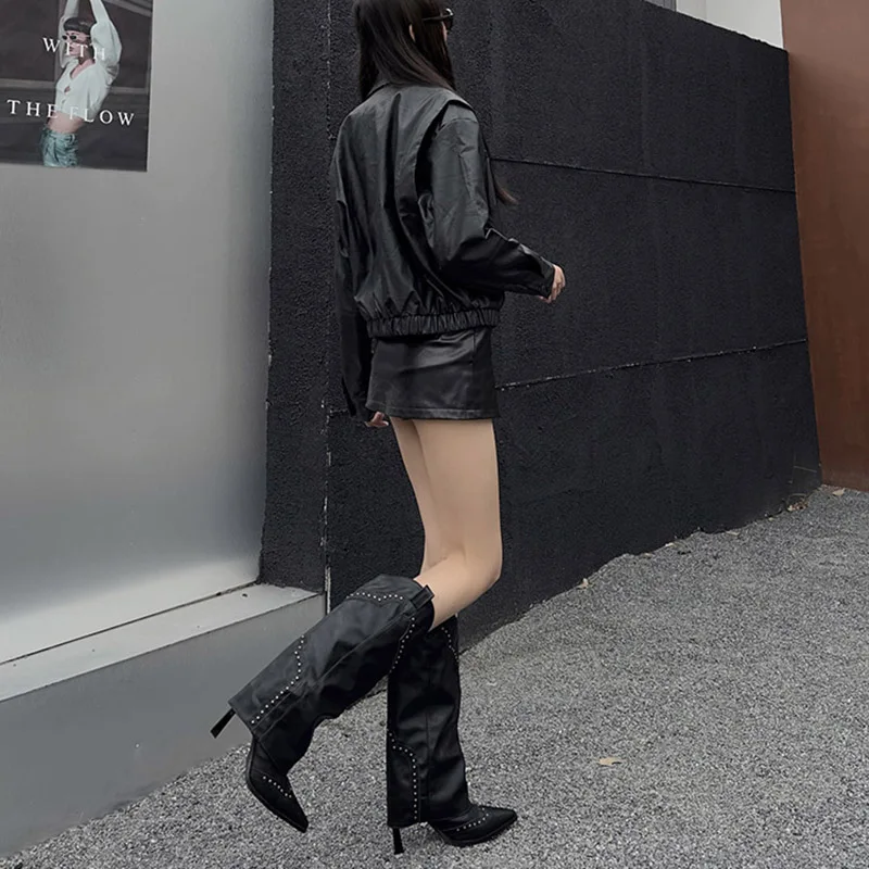 New Retro Black Pointed Toe Cuff Boots Women Long Tube Boots For Women High Heels Women Knee-High Boots Women Botines Mujer