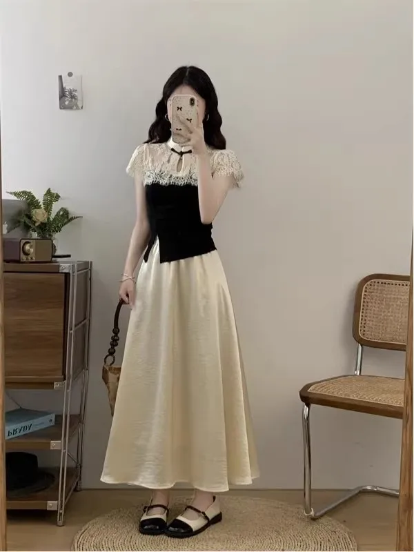 Elegant Short Sleeve T-Shirt Women's Lace Patchwork Stand Collar Chinese New Style Summer New Age Reduction Top