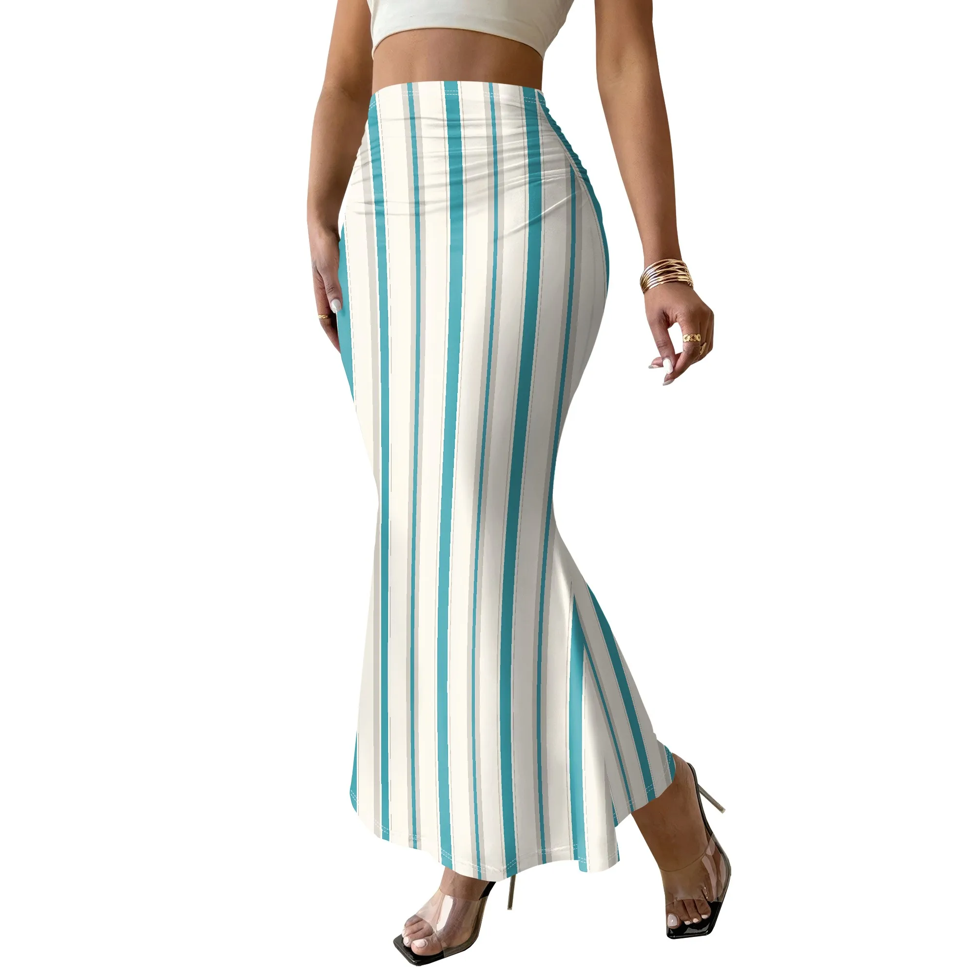 Striped Mermaid Skirt, Teal Vertical Print Midi Skirt, Bodycon Fishtail Bottoms for Women, Summer Beach Party Wear, S-2XL