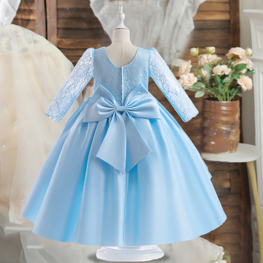 Kids Wedding Party Dresses Girls Bow White Flower Long Sleeved Costume Clothes Children Birthday Princess Gown Evening Vestidos