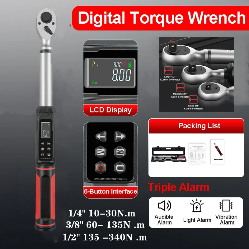 مفتاح العزم الرقمي عالي الدقة الثلاثي إنذار مفتاح العزم للدراجات النارية السيارات أداة مفتاح الربط 0.15-340 نيوتن متر #1