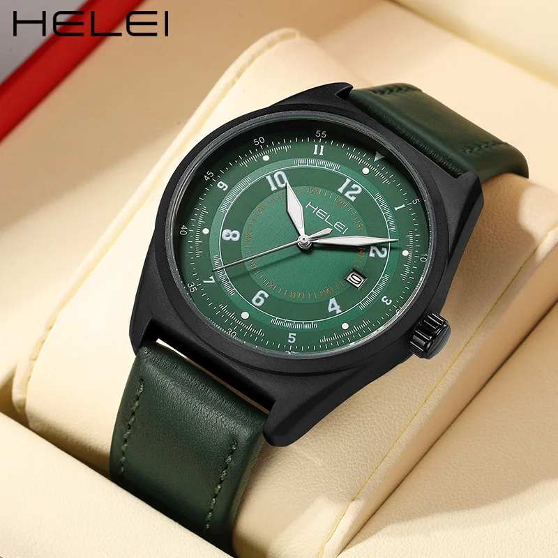 HELEI brand new foreign trade cross-border large dial leather quartz watch men's fashion watch**