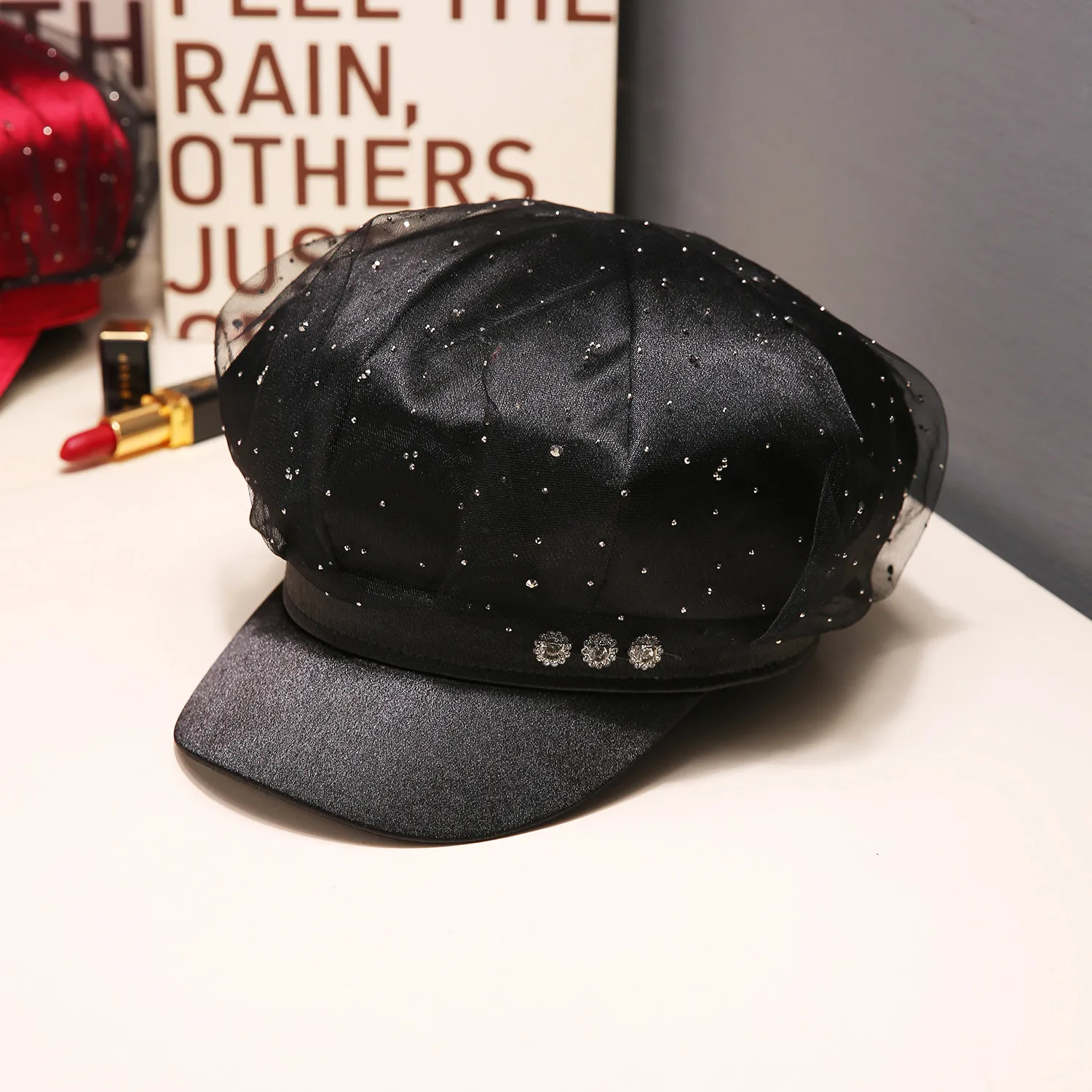 2026 Spring Summer Rhinestone Lace Octagonal Hat Women Summer Thin Beret Wide Brim Show Face Small Fashion Baseball Cap