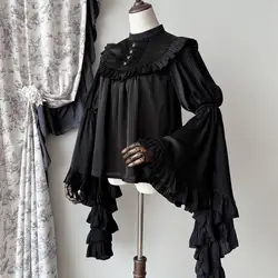 NONSAR Japanese Gothic Original Lolita Style Shirts Vintage Elegant Solid Black White Flare Sleeve Blouse Victorian Women Tops