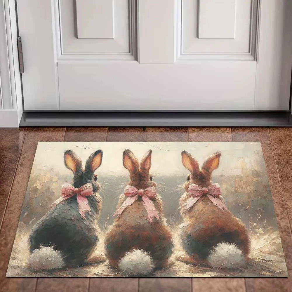 Easter Pink Bow Bunny Pattern DoorMat, Non-slip Floor Mat, Suitable for Living Room, Bedroom, Bathroom, Holiday Home Decoration