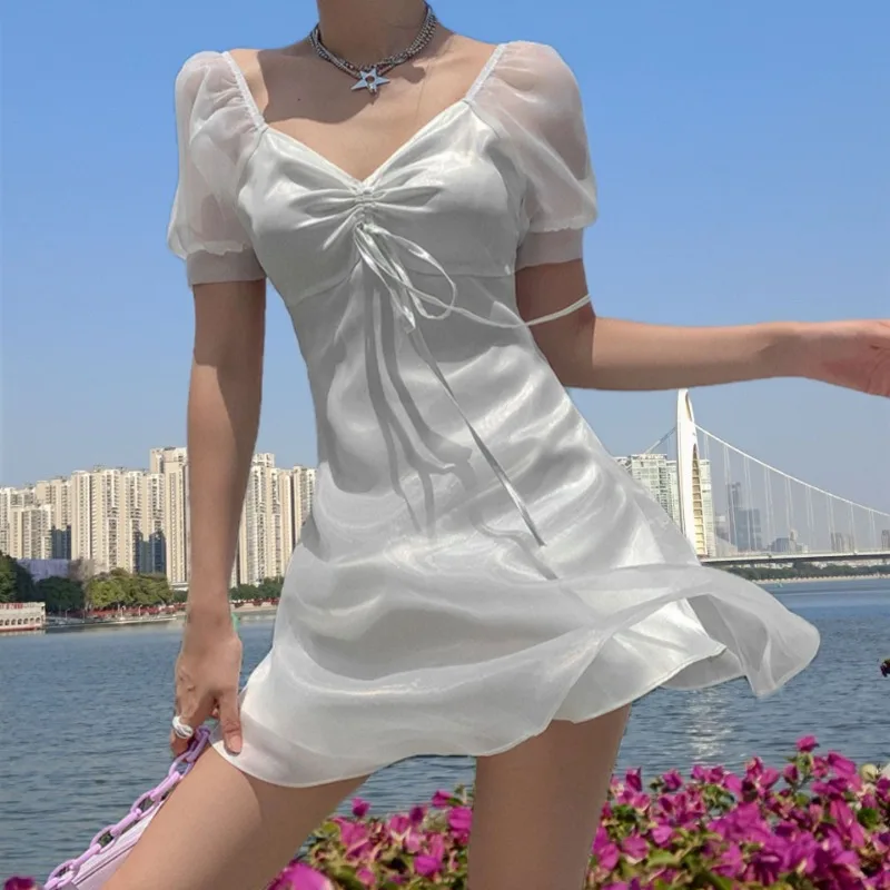 

Summer Vintage Women Corset Princess Dress Elegant Short Puff Sleeve V Neck Ruched Party A-line Mini Dress Sexy See Through Gown