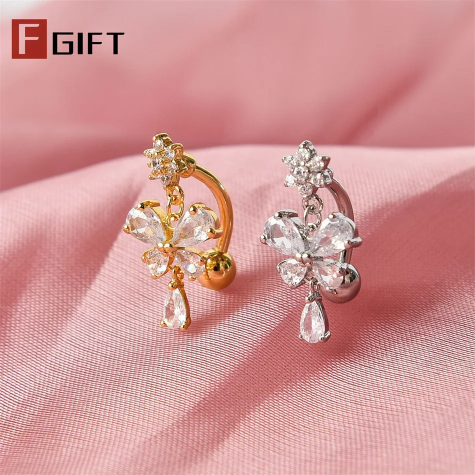 Zirkon Schmetterling Schleife baumeln umgekehrte Bauchnabelringe Blütenkopf 14G G23 Titan Bauchnabelpiercing Nabelschnur Körperschmuck