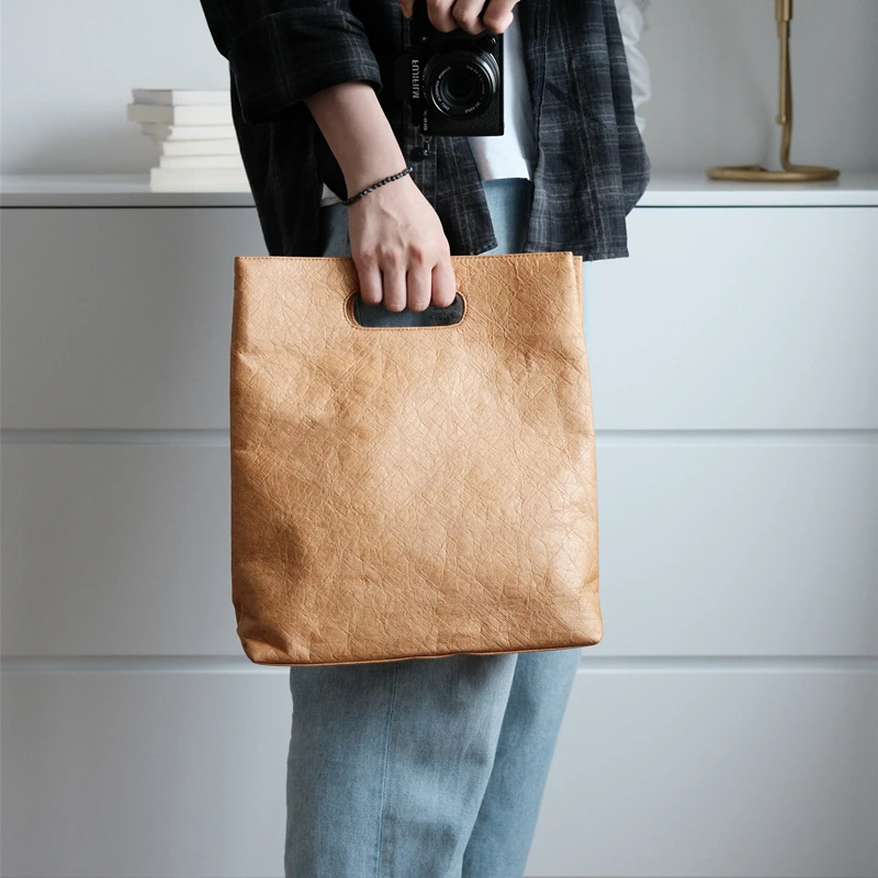 

Casual Vintage Artistic Folded Dupont Paper Waterproof Waed Leather Women's Handbag Lunch Box Bag Soft Polyester