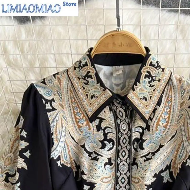 New Paisley Printing Vintage Turn-Down Collar Lantern Sleeve With Belt Women's Dress Korean Fashion Mid-Calf- Dresses For Women