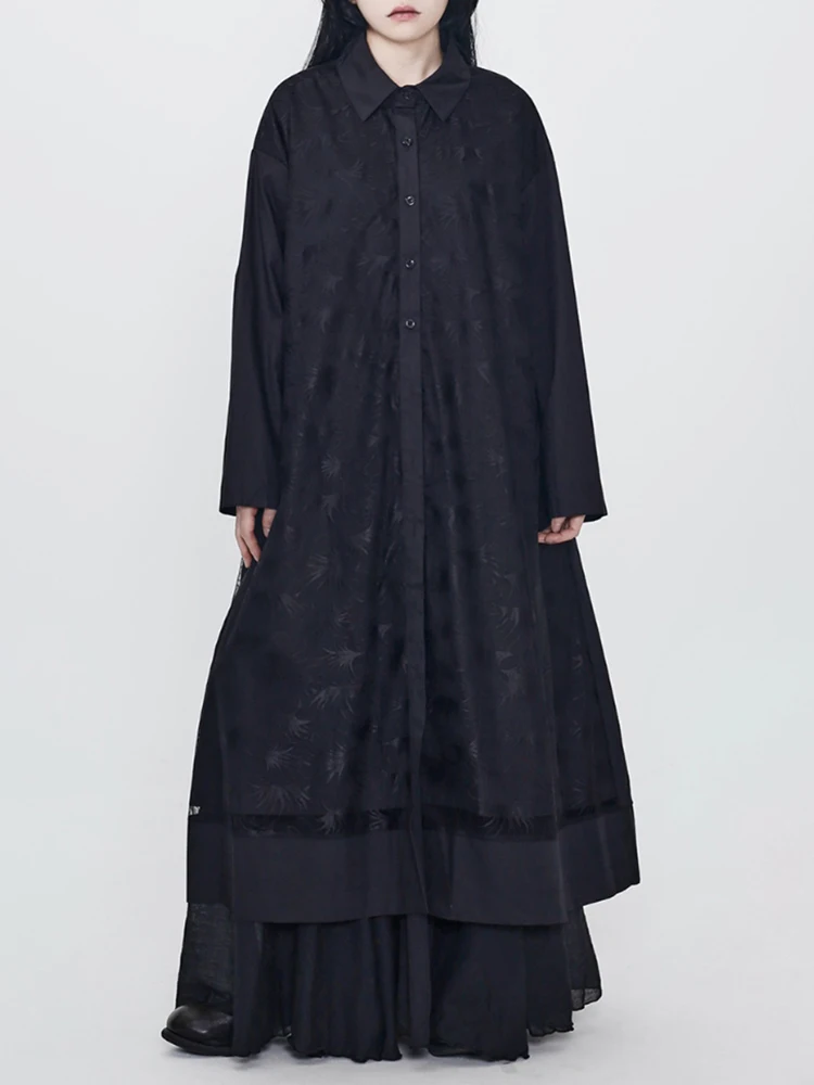 YERMORA Frauen Dreidimensionale Blume Gespleißt Mesh Hemd Kleid Revers Lange Hülse Lose Mode Flut Frühling Herbst 2025, Neue