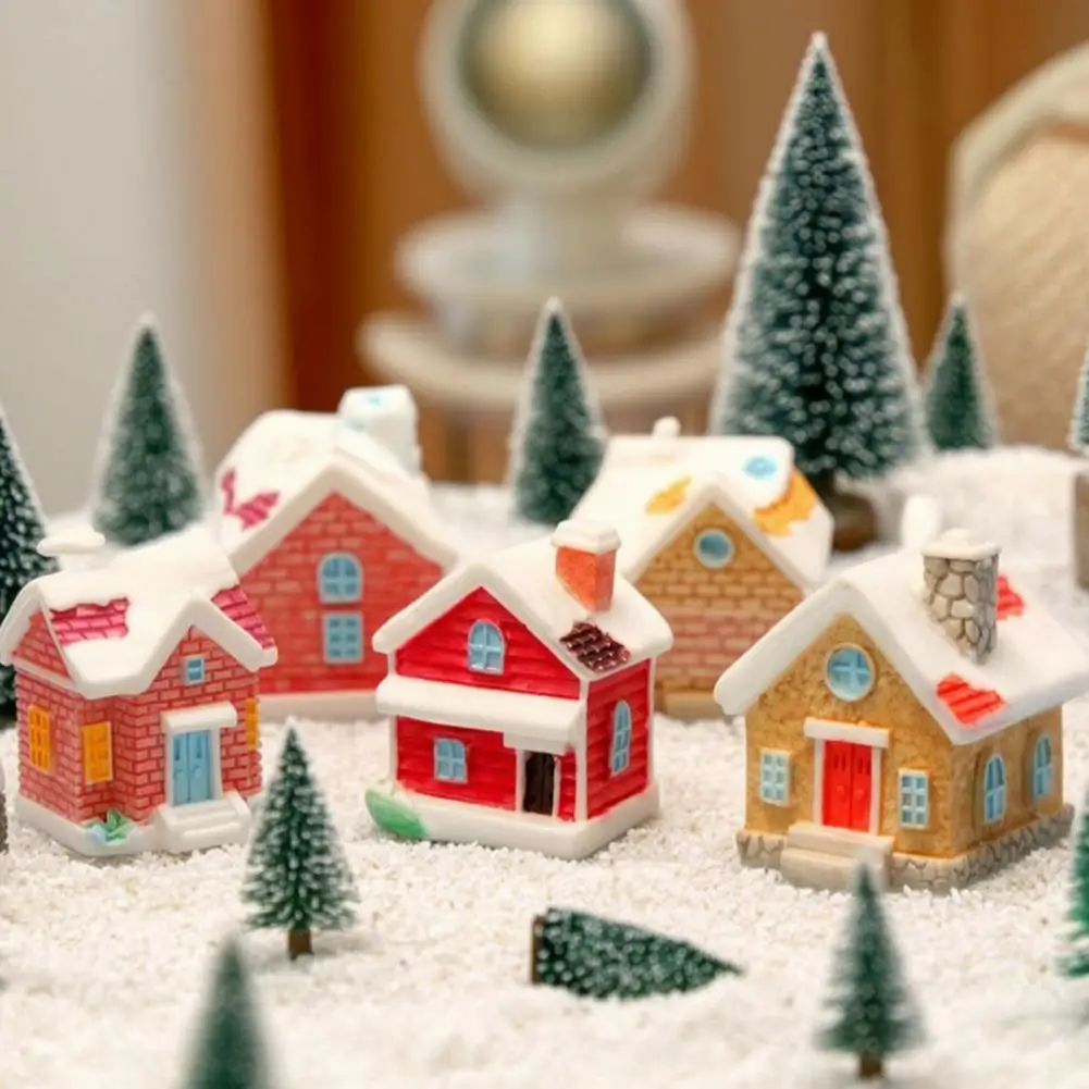 Miniature House Ornament Decoration Christmas Miniature House Figurine Resin Snow Village Statue Tiny Fairy Garden Ornament Moss