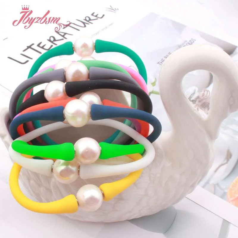 10mm Round Freshwater Pearl Silicone Bracelet Stone Beads Casual Waterproof For woman man Unisex Gift Bangle Bracelet 1 Pcs