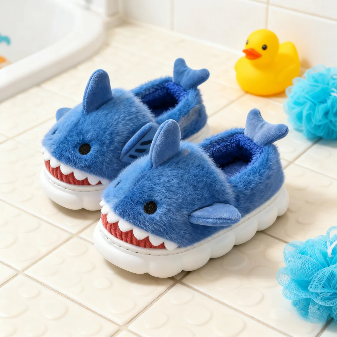 Sandal Anak-anak Sepatu Rumah Sepatu Musim Dingin Hiu untuk Anak-anak Bulu Katun Hangat Anti-selip Sol Lembut Sepatu Biru Oranye Ukuran 24-36
