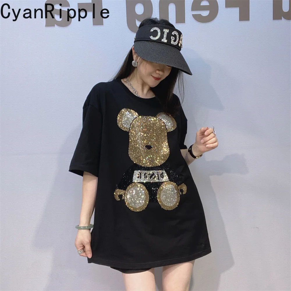 Large Size Women Cotton T-shirt 2026 New Spring Summer Cartoon Hot Diamonds Round Neck Pullover Top All-match Female Casual Tees