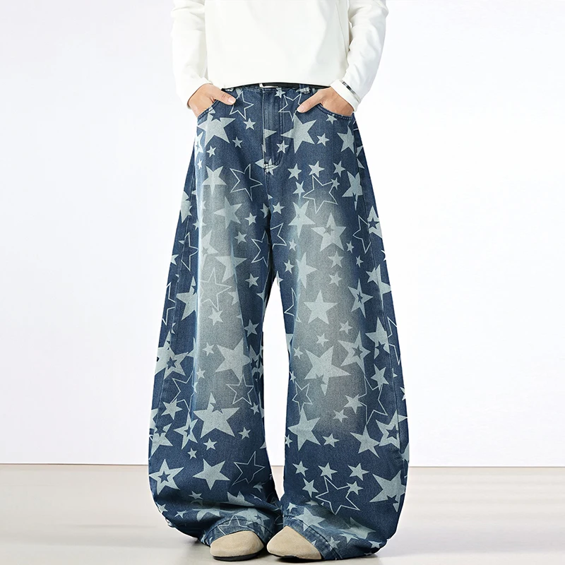 Niche Design Mens Denim Trousers Stars Printing Contrast Color Wide Leg Curved Knife Pants Vintage Male Spring Autumn Jeans Tide