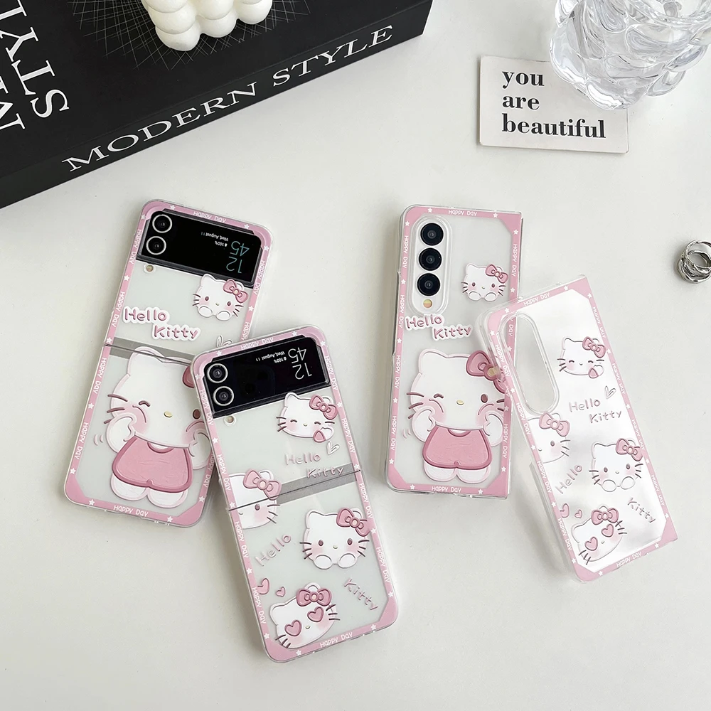 Cute Cartoon Hello Kitty Phone Case for Samsung Galaxy Z Flip 3 4 Z Flip 5 6 Z Fold 5 5G PC Hard Anti-fall Back Cover