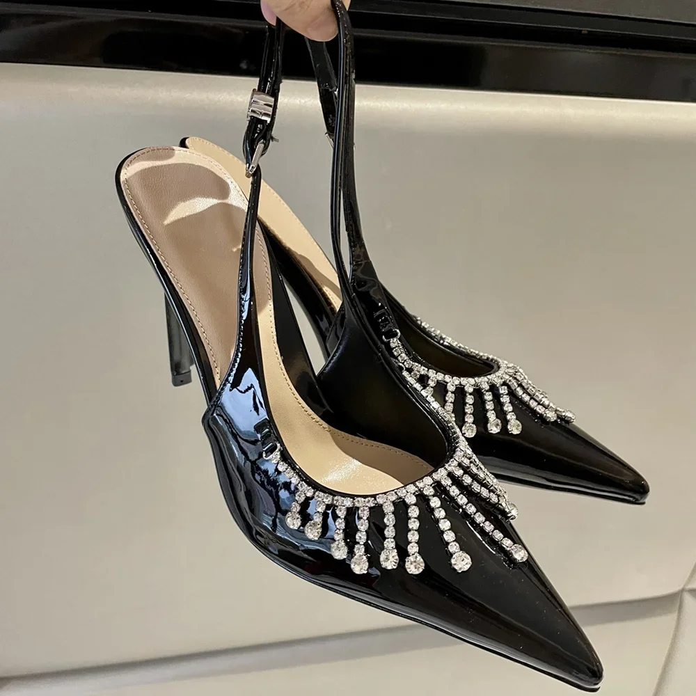 

Shiny Crystal Tassel Slingback Pumps Sexy Pointed Teo Patent Leather Ankle Warp New Arrivals Fashion Women Modern Shoes