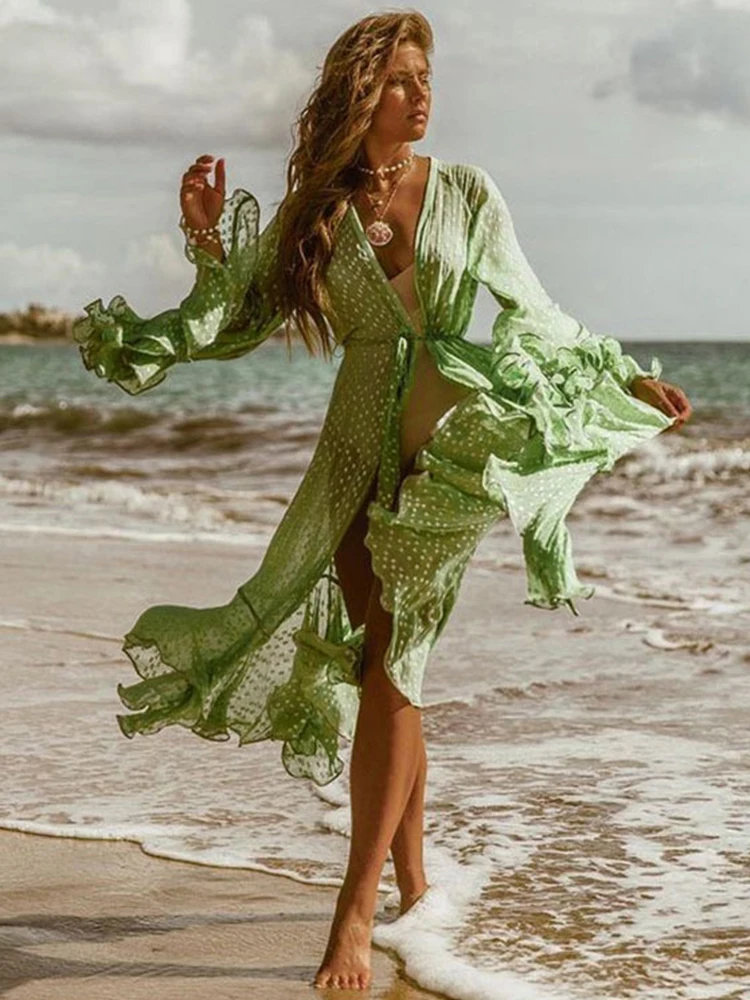 

Chiffon Polka Dot Printed Beach Cover Up Women 2022 Sexy Bikini Cover Up Loose Cardigan Holiday Skirt Long Beach Dress Outerwear