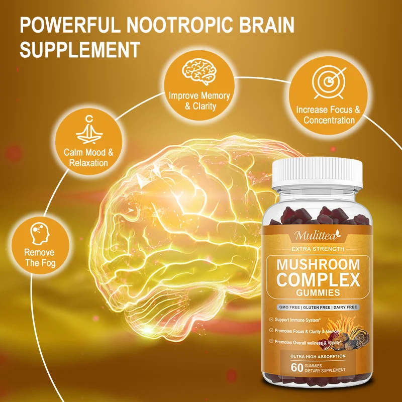 Lion’s Mane Mushroom Complex Reishi Extracts Gummies Nootropic Brain Booster for Focus Immune & Stress Relief Improve Memory