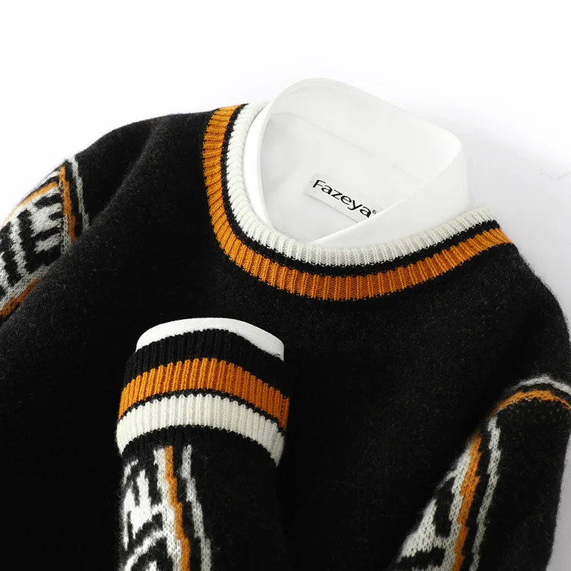 

Autumn Winter 100% Wool Sweater Men's Sweater Loose Round Neck Color Block Pullover Business Casual Knitted Cashmere Base Shirt
