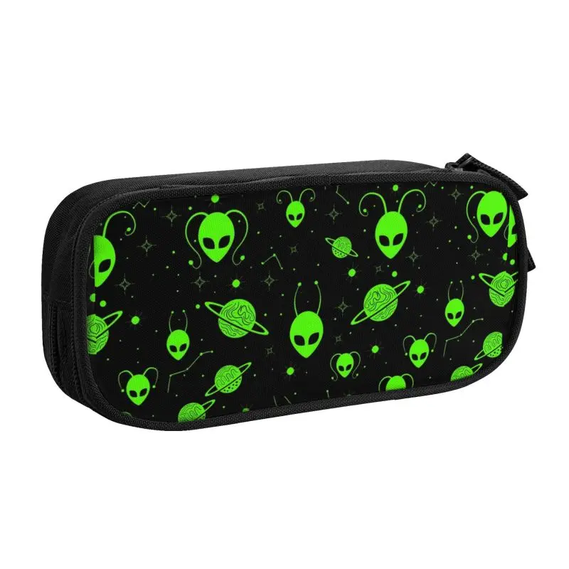 Custom Green Alien Universe Wondrous Cosmos With Planet Stars School Pencil Case Large Capacity Pencil Pouch Students Stationery