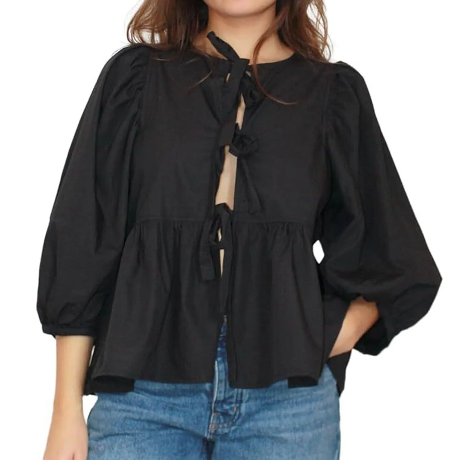 Women\'s Shirt 2024 New Fashion Front Hollow Bow Tie Ruffle Hem Shirt Top Solid Colour Loose Bubble Short Sleeve Blouse Shirt
