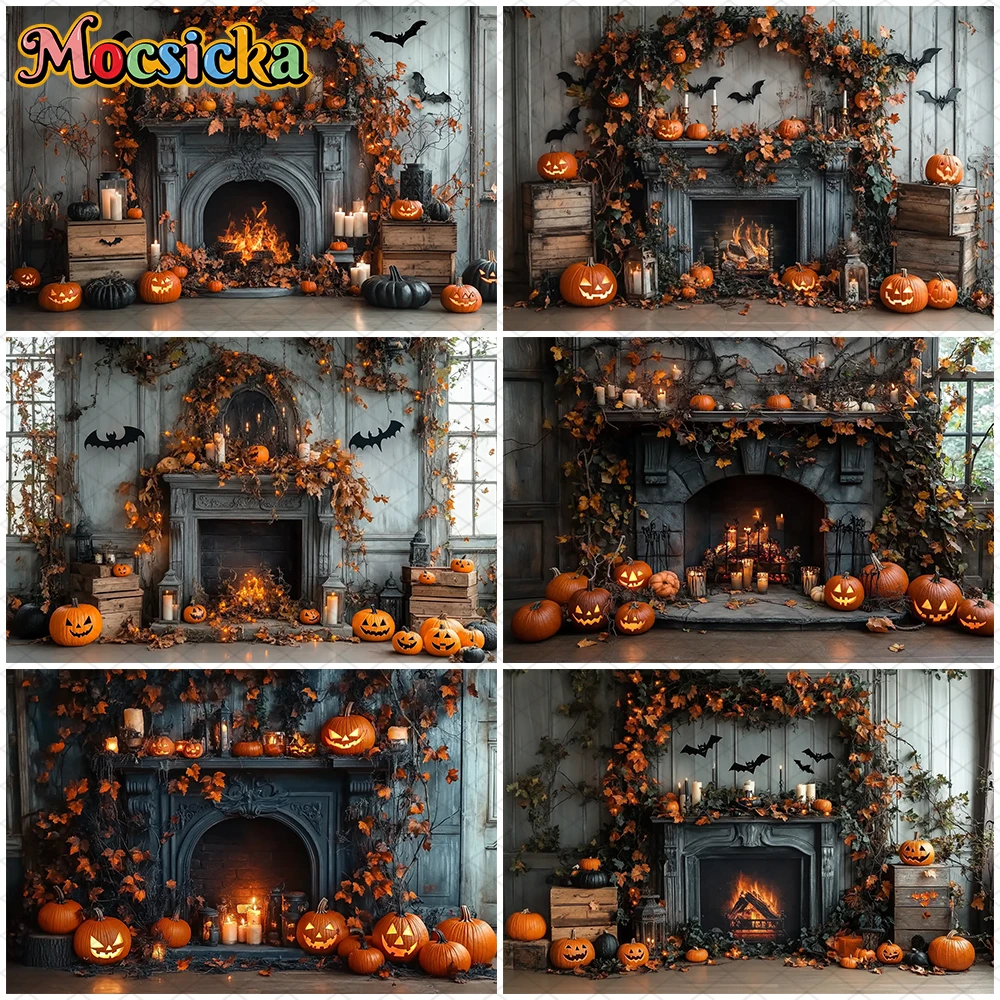 

Mocsicka Halloween Fireplace Backdrop For Photography Wood Wall Pumpkin Party Child Photo Background Leaf Bat Decorations Banner