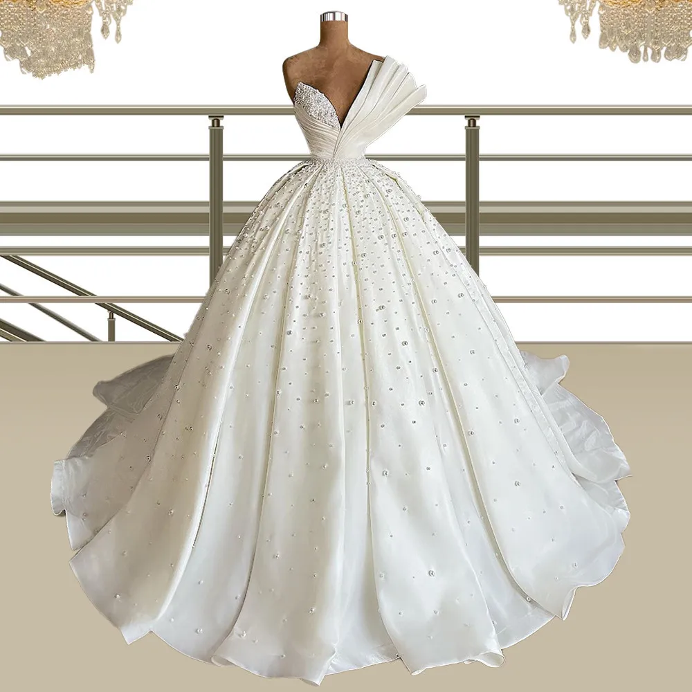 Modern Design Pearls Wedding Dress Luxury Ball Gown Sweetheart Satin Sweep Train Custom Made Bridal Dresses Robe De Mariée