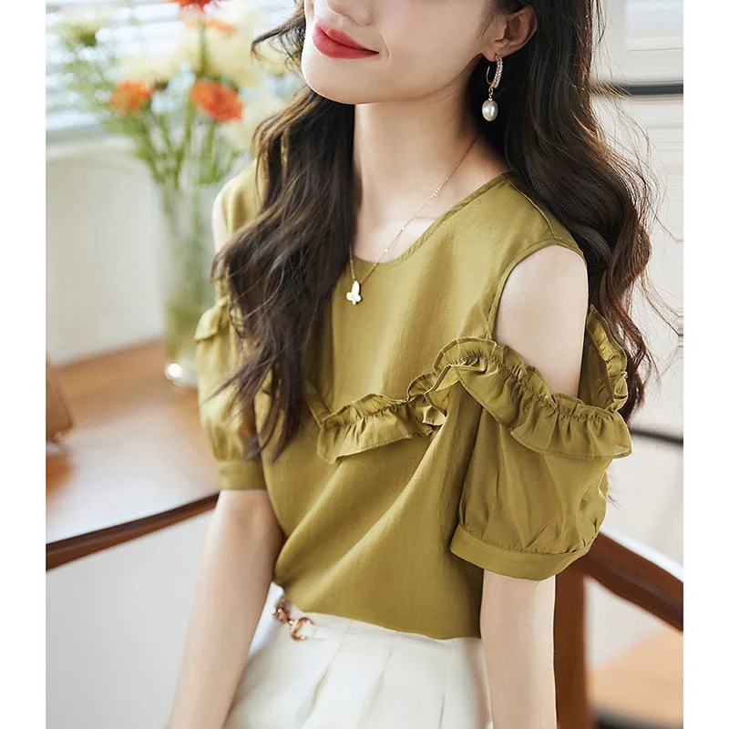 Stylish Solid Color Loose Ruffles Off Shoulder Blouse Female Clothing 2023 Summer New Casual Pullovers Office Lady Chiffon Shirt