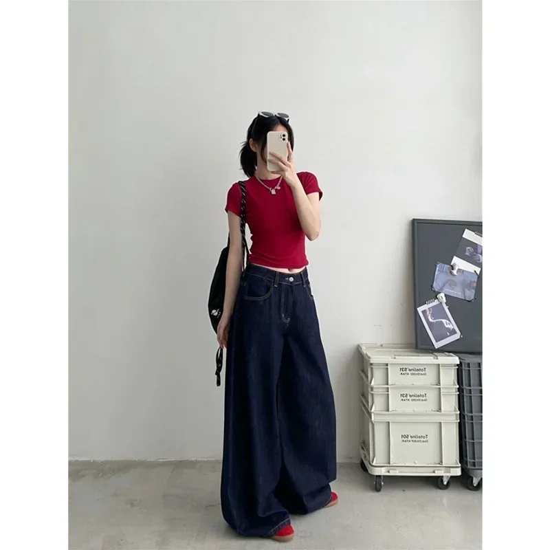 

Винтажные джинсы с высокой талией, прямые женские летние классические джинсовые брюки Y2K, уличная одежда, американские широкие мешковатые джинсовые брюки