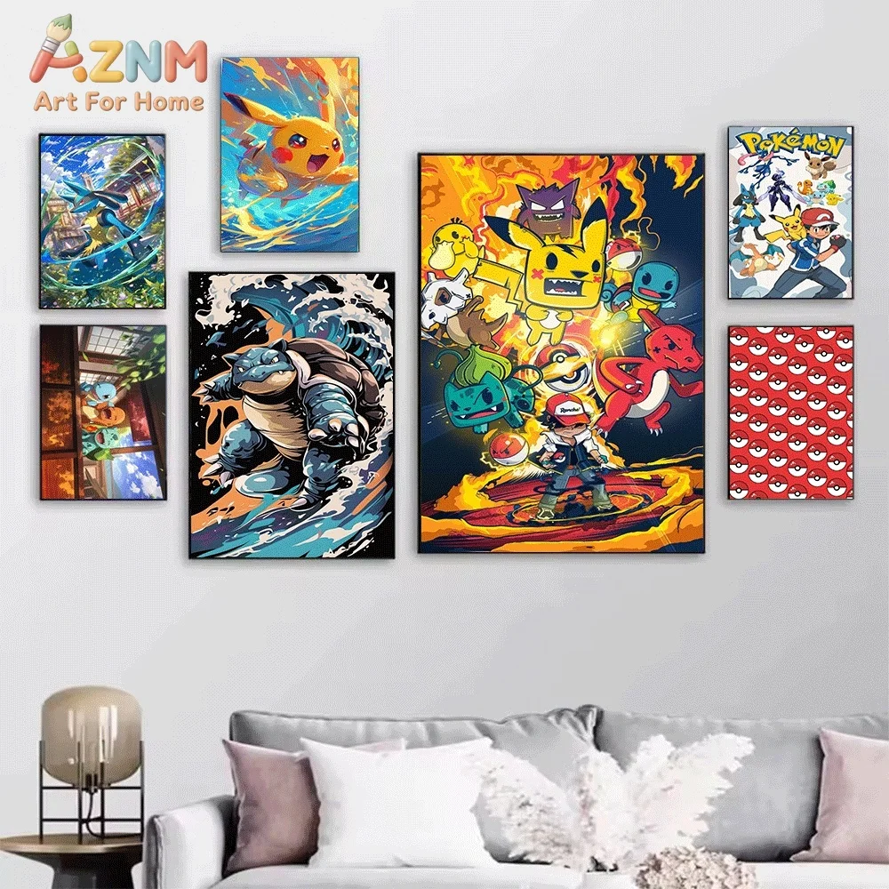 Anime Pokemon Starters Colorful Rainbow Strip Canvas Wall Art, Popular Cartoon Character Frameless Canvas Painting for Kids Be