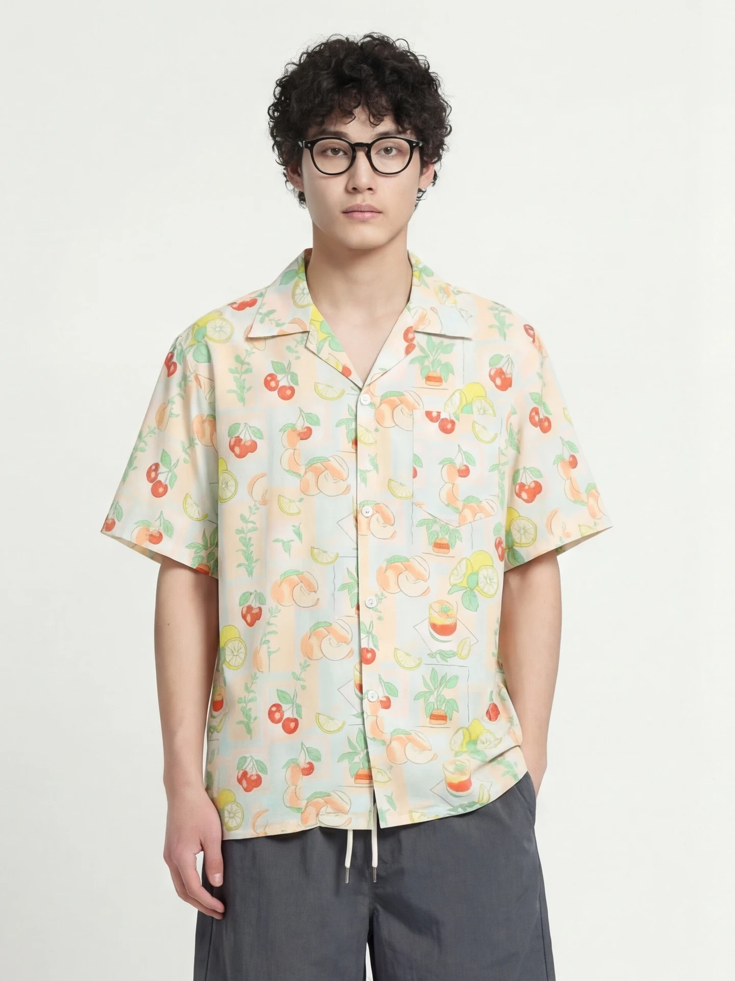 

Casual Loose ort Sve Cuba Collar Fruit Print irt for Men And Women Breathable Polyester Fiber Summer Faionable