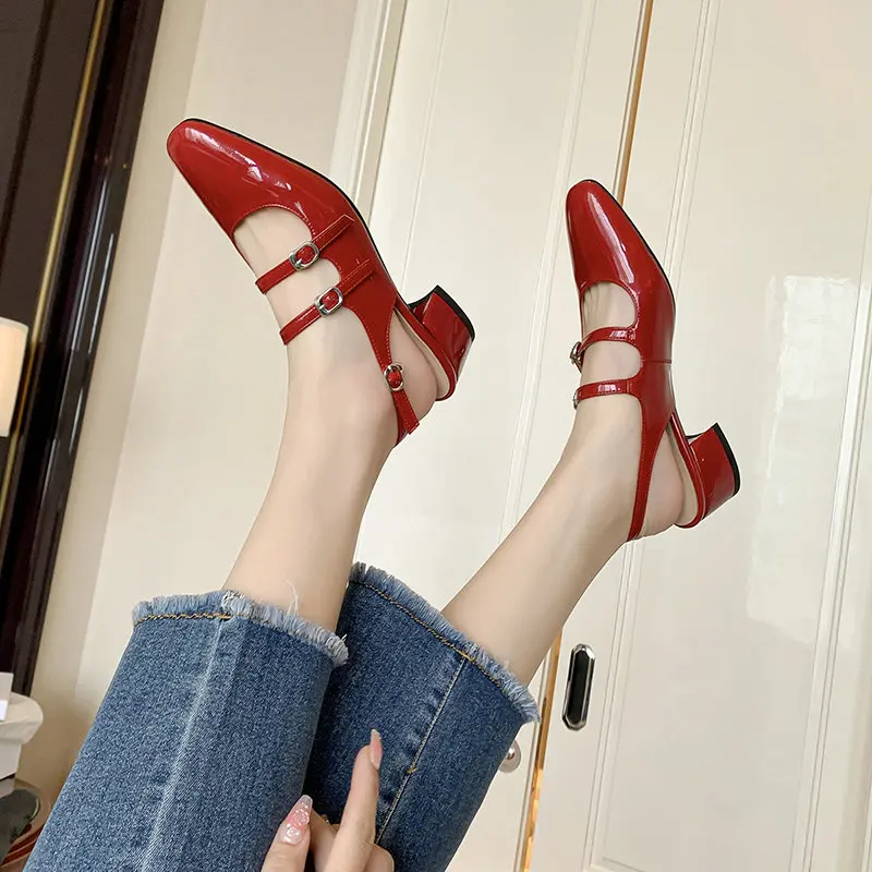 Genuine Sheep Leather Lovely Women Summer Mary Janes Shoes Bright Red Medium Square Heels Buckle Belt Closed Toe Luxury Sandals