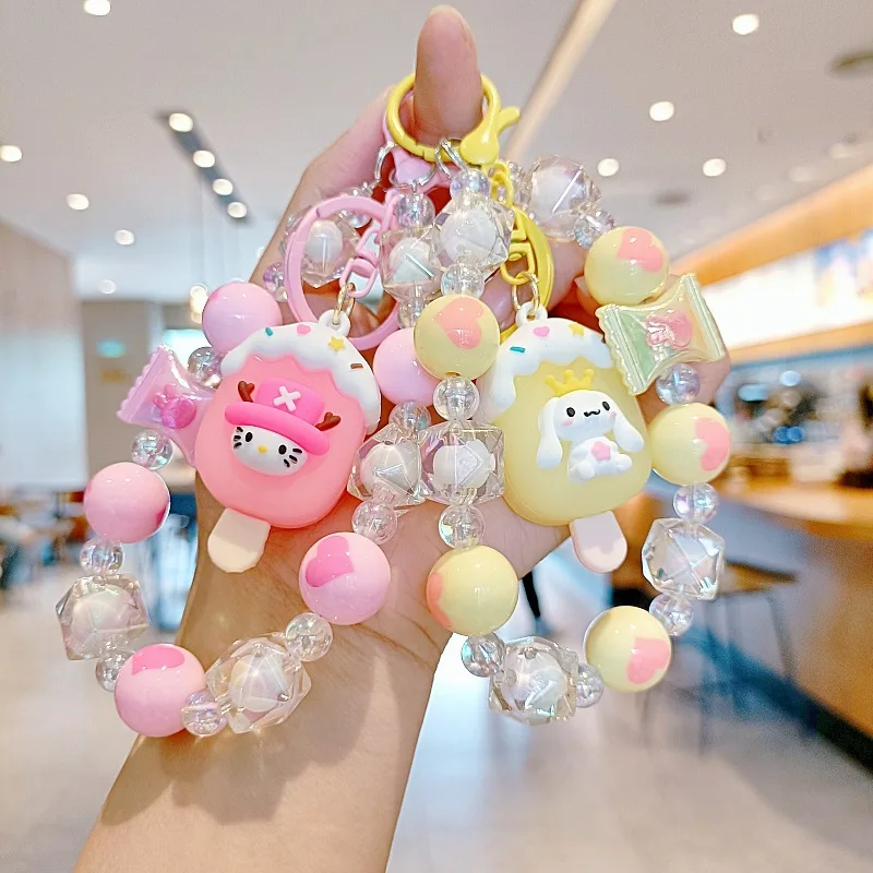 

New Kawaii Ice Cream Sanrio Hello Kitty Phone Chain Kuromi Cinnamoroll My Melody Beads Girly Keychain Wristband Bag Decoration