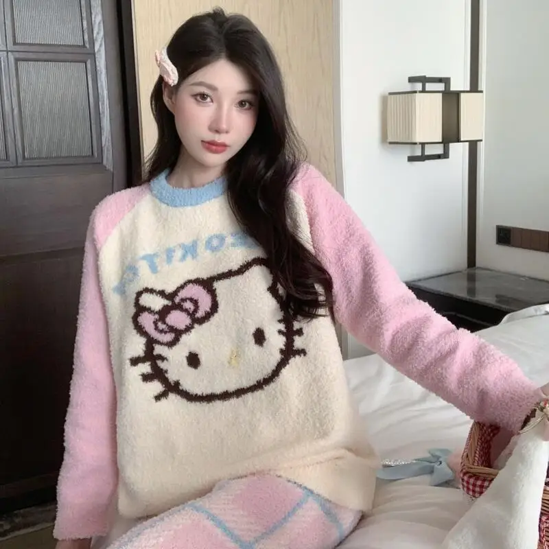 

Флисовые пижамы Hello Kitty с цветными блоками, топ с длинными рукавами, брюки, мягкая осенняя домашняя одежда, зимняя одежда для сна, комплекты одежды для женщин