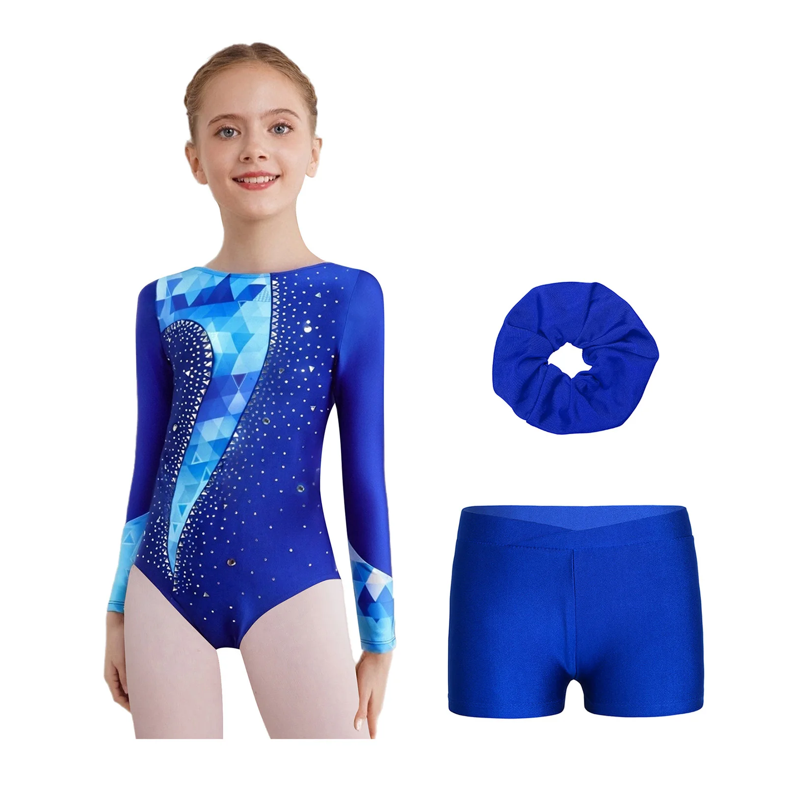 أطفال بنات الباليه الجمباز مجموعات الرياضة الرقص الزي طويلة الأكمام حجر الراين ديكور يوتار مع السراويل الشعر التعادل المرحلة زي #4