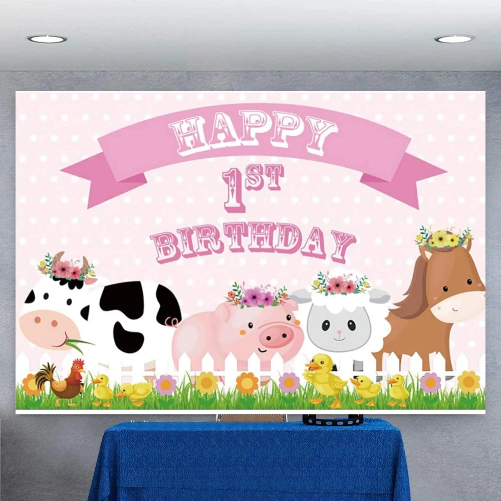 

Photography Backdrop Cartoon Pink Zoo Farm Barn Pig Cow Flowers Background Baby Shower 1st First Princess Favors Party Poster