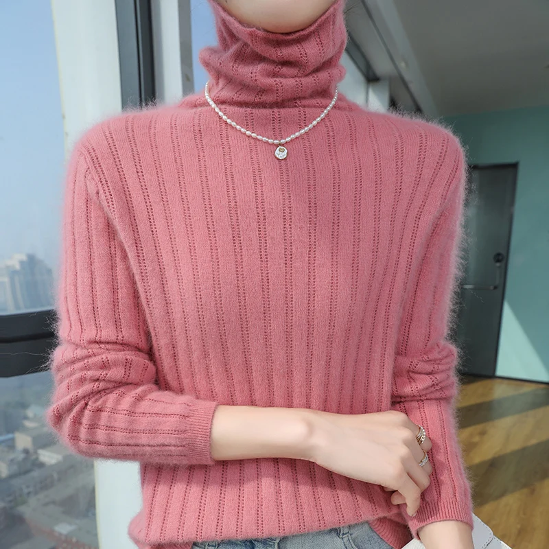 Pull en cachemire de vison pour femme, col haut, tricoté, mode, ajouré, Base chaude, chemise ample, revers épais, automne hiver 100%