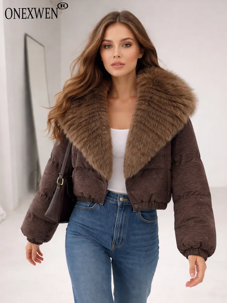 ONEXWEN Women Short Puffer Jacket, Faux Fur Big Collar Cropped Down Coat, Winter Loose High Waist Warm Outerwear RU50