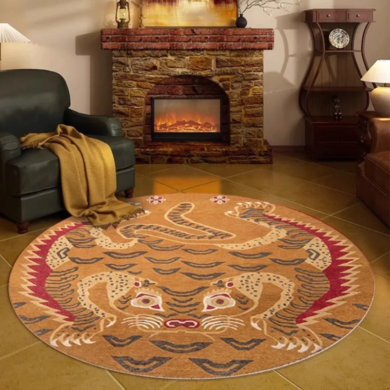 

Abstract Tiger Round Living Room Large Area Carpet Brown Creative Art Bedroom Carpet Chinese Retro Style Rug Stain-resistant Rug